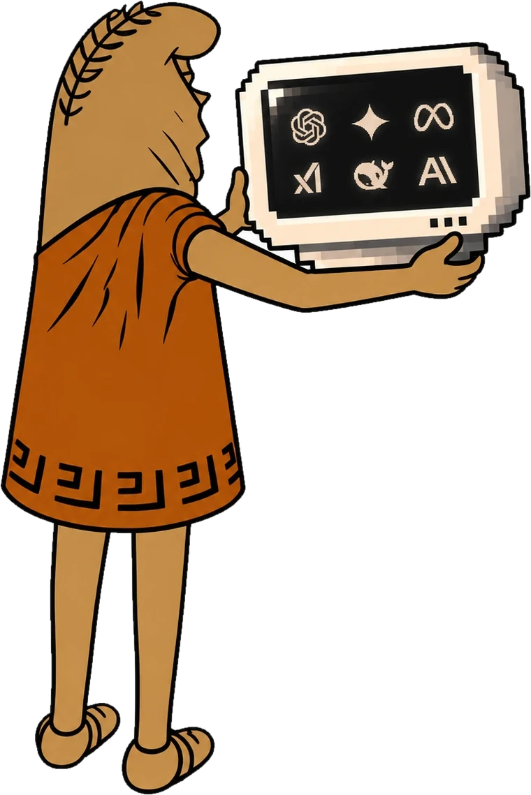 The emperor seen from behind in an orange toga and laurel wreath, holding up a pixel monitor