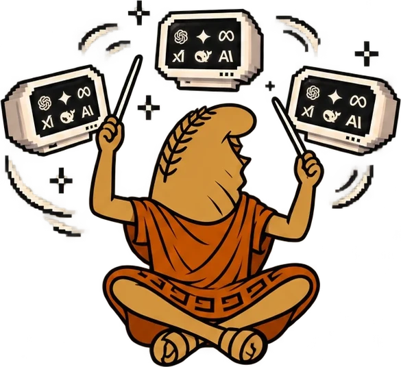 The emperor sitting cross-legged, conducting three floating monitors with two batons