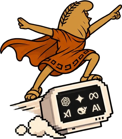 The emperor surfing forward on a flying monitor, cape out, pointing ahead